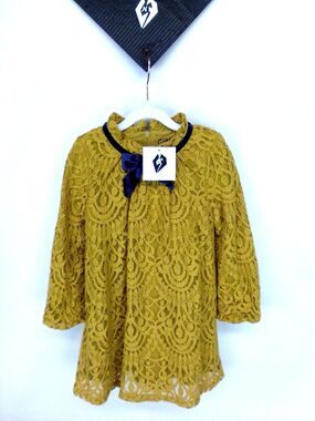 Genuine Girl's Oshkosh Round Neck With Velvet Bow Gold Lace Long Sleeve Dress 2T